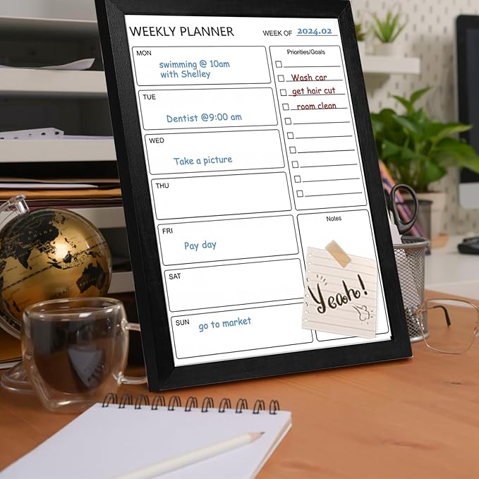 Dry Erase White Board Weekly Calendar Board, Magnetic Whiteboard for Wall, 10.5“x14.5” Solid Wood Black Framed Message Board, Planner Board for Office, Home, School(Weekly-BB-BK-2737)