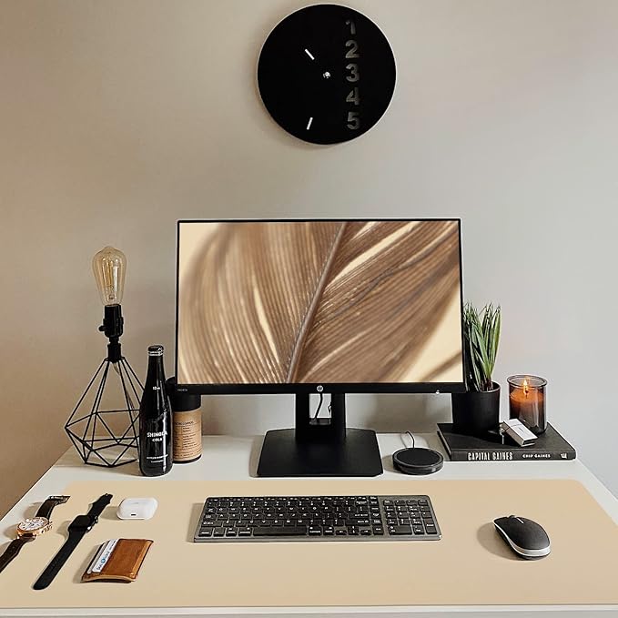 Leather Desk Pad, Large Mouse Pad, Leather Desk Blotter, Non-Slip Desk Pad Protector, Office Desk Pad, Waterproof Desk Mat for Home Office and Decor - Beige (35.4×15.7 Inches)