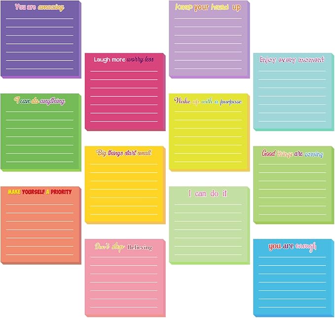 Yinder 24 Pcs Inspirational Sticky Notes with Lines Cute Motivational Sticky Notes Pad Employee Appreciation Gifts Bulk for Teacher Nurse Coworkers Office Supplies 3 x 3''(Dark Color,Inspirational)