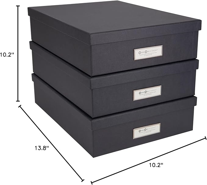 Bigso Oskar Fiberboard Label Frame Document Letter Box | File Organizer Document Box for Important Paperwork | Document Storage Box with a Lid & Label Window | 3.3″x10.2″x13.8″ | 3 Pack | Dark Grey