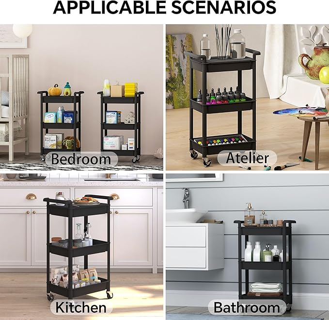 3-Tier Utility Rolling Cart with Cover Top Board, Mobile Utility Cart with Lockable Casters Multi-Functional Storage Trolley for Office, Bathroom, Kitchen, Garden, Laundry Room (Black)