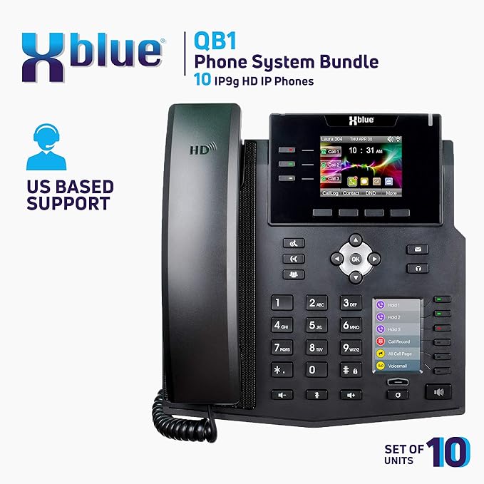 Xblue QB System Bundle with 10 IP9g IP Phones Including Auto Attendant, Voicemail, Cell & Remote Phone Extensions & Call Recording, Black, (QB1010)
