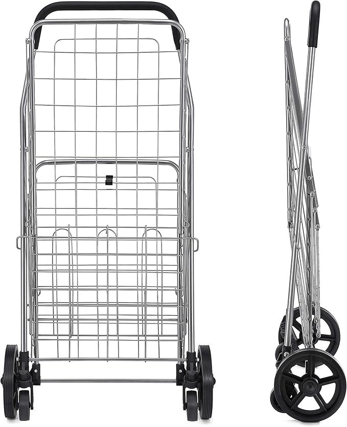 Wellmax Metal Grocery Shopping Cart with Wheels for Groceries, Folding Cart for Convenient Storage and Holds Up to 66lbs, Dual Swivel Wheels and Extra Basket, Silver