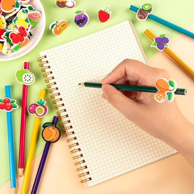 WDAHDHP Pencil Clips Topper for Kids, 50Pcs Different Cute Pencil Fruit Clips, Pencil Charms Bulk for Boys and Girls Classroom Prizes School Rewards