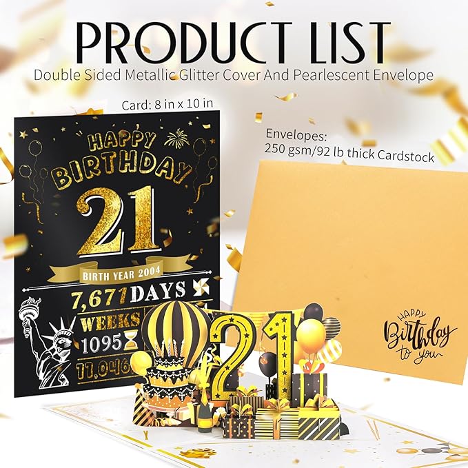 21st Birthday Card for Son Grandson, Jumbo 3D Pop Up 21st Birthday Cards for Boy Girl, Happy 21 Year Old Her Him Daughter Funny Bday Gifts, Review of 2004, Black Gold