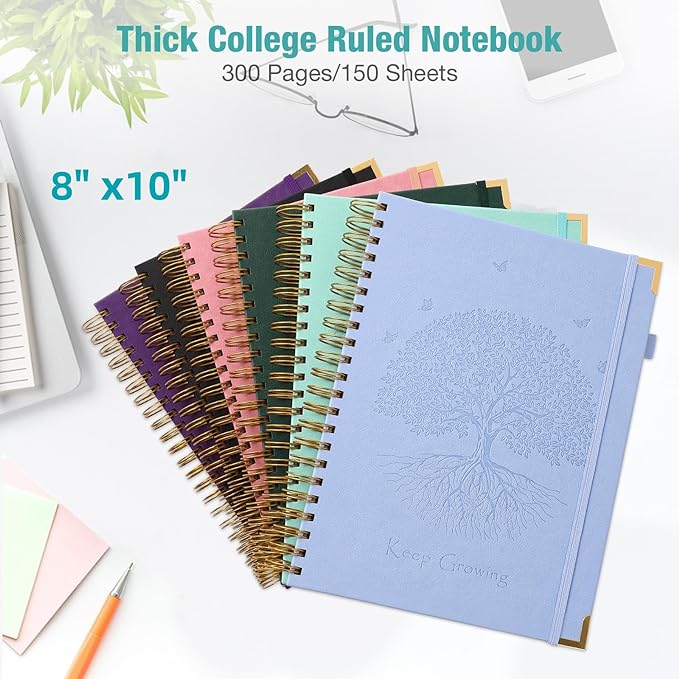Spiral Notebook, College Ruled Notebook, 8" x 10", 300 Pages Leather Journals for Writing, B5 Hardcover Journaling Notebooks for Work School, 24pcs Tabs, Large Embossed Journal for Women Men, Purple
