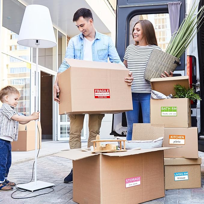 170 Home Moving Labels, 3.4 x 2 inches, 8-Color Coded Packing Box Stickers with Fragile and Blank Customizable Labels