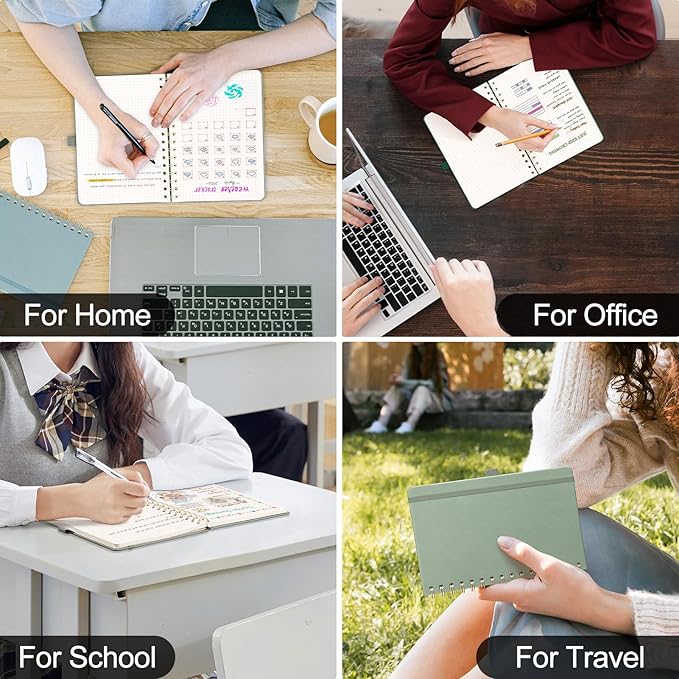 AHGXG Bullet Dotted Journal Spiral Notebook, Hardcover Leather Dotted Notebook 140 Pages, A5 Dot Grid Paper Notebook, 100 gsm Thick Paper, for Bullet Journaling, 5.7" x 8.3", Black