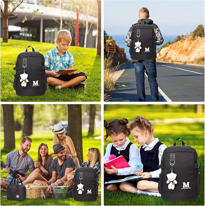 Boys and Girls Insulated Lunch Bag Set Backpack, Youth School Backpack, Children's Backpack, Laptop Backpack (Black)