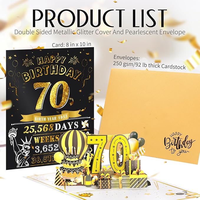 70th Birthday Card for Women Men, Jumbo 3D Pop Up 70th Bday Card for Mom Dad, Happy 70 Year Old Women Men Funny Birthday Gifts, Review of 1955, Black Gold