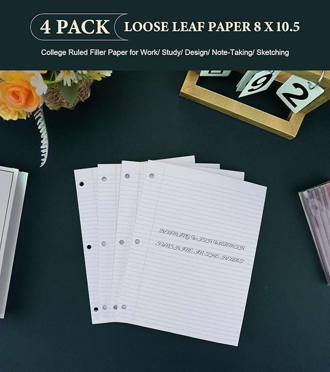 College Ruled Paper 8 x 10.5 Loose Leaf Paper, 4 Pack Notepad 8 x 10.5 Lined Paper for Work, College Ruled Notebook Paper for 3 Ring Binders, 75 sheets, loose leaf paper college ruled for School