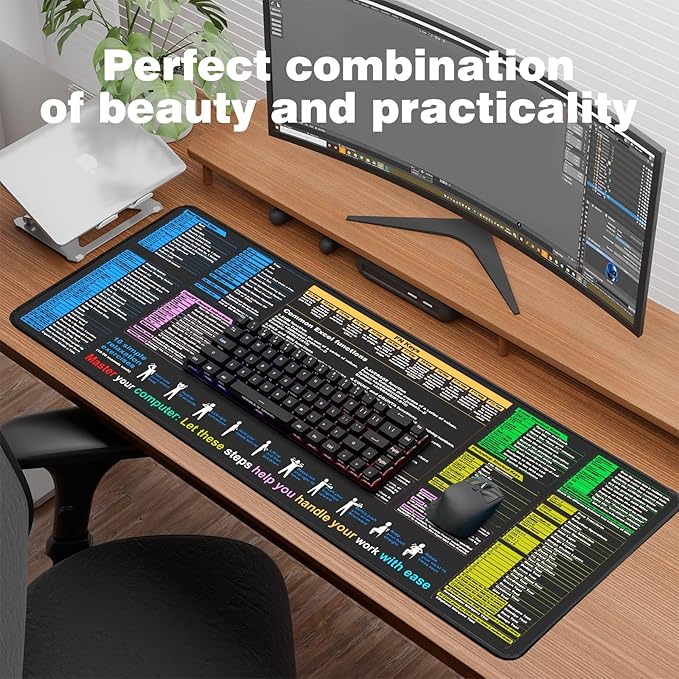 Waterproof mouse pad—Excel Cheat Sheet Desk pad—Contains Various commonly Use Office Software Such as Excel, Word, etc—Large XXL (35.45" x 15.75")|Office Keyboard and mouse pad|excel Shortcut mousepad