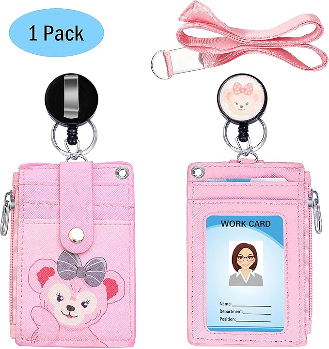 Cute ID Badge Holder Retractable Lanyard Reel Clip with Heavy Duty Carabiner, 5 Card Slots in 2 Sided with Key Ring and Zipper for Students Teens Boys Girls Office Staff Women (Pink Bear)