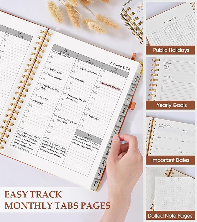 2026 Planner, Weekly and Monthly Calendar Planner from January 2026 - December 2026, 5.75" x 8.38" Hardcover Leather Hourly Appointment Book with Tabs, A5 Spiral Daily Planners for College School Work Home, Brown