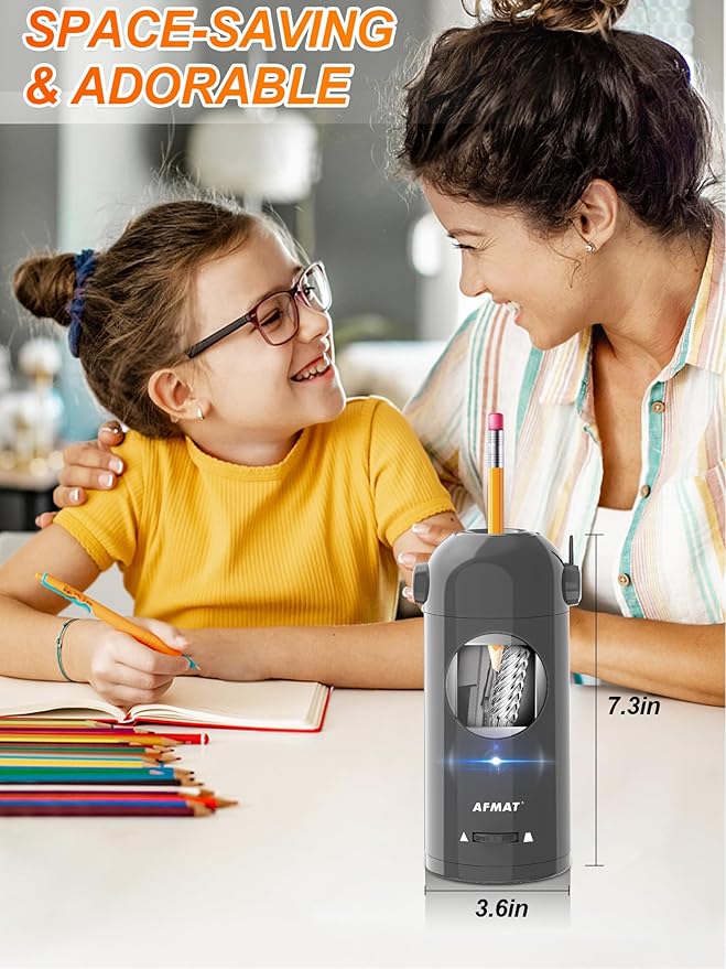 AFMAT Electric Pencil Sharpener for Colored Pencils 7-11.5mm, Fully Automatic Robot Pencil Sharpener, Auto in & Out, Rechargeable Hands-Free Pencil Sharpener for Large Pencils, Home, Classroom, Gray