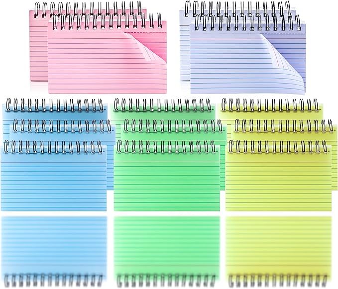 MotBach 500 Sheets Multicolor Index Cards, 10 Pads Spiral Bound Ruled Index Cards with PVC Cover, Learning Card Note Cards for Home School and Office, 3.3 x 5 Inch, 5 Colors