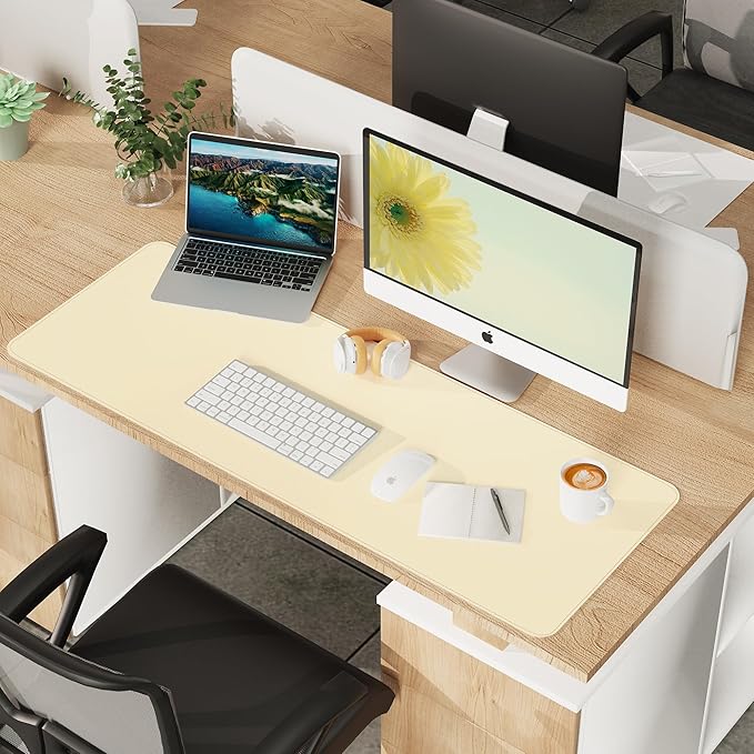 Leather Desk pad Protector, Large Desk mat with Natural Cork & PU Leather,Mouse pad,Non-Slip Office Desk Mat,Waterproof Desk Writing Pad for Office and Home (47in*17in, Apricot)