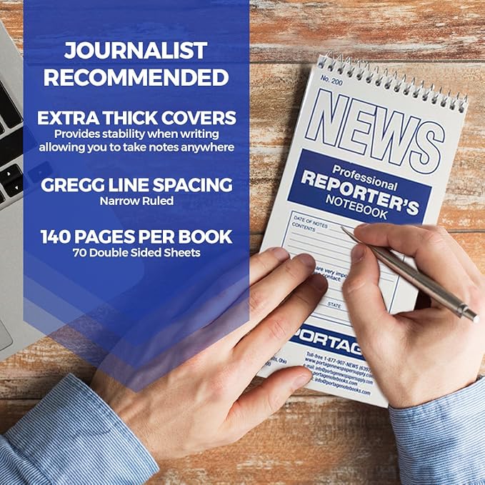Portage Reporters Notebook – Top Bound Spiral Pocket Notepad, Steno Note Book, Perfect for Reporters & Journalists Taking Notes in the Field, Gregg Ruled – 4 x 8 In, 70 Sheets, 12 Pack