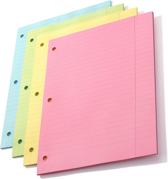 Mr. Pen- Colored Loose Leaf Paper Wide Ruled, 100 Sheets, 8” x 10.5”, 3- Hole Punched, Notebook Paper, Lined Paper, Binder Paper, Writing Paper, Filler Paper, Wide Ruled Notebook Paper