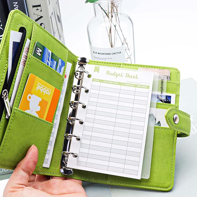 Mogoostry A7 Binder Cover Savings Binder Wallet Leather Binder Folder 6-Ring Refillable Notebook Binder Planner Cover Hardcover Budget Binder Organizer (Green)