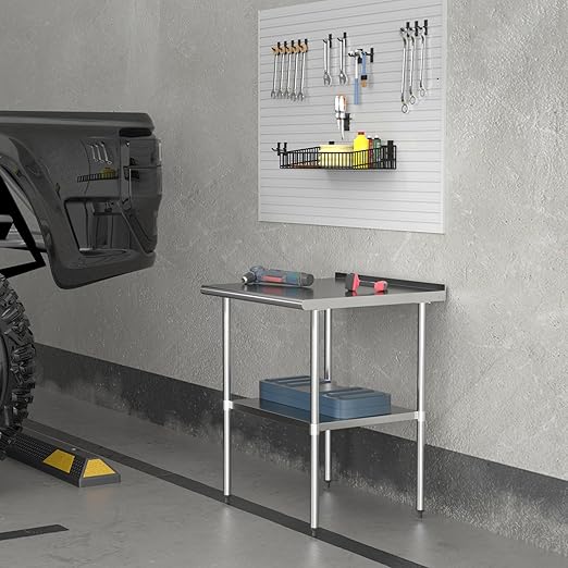 Stainless Steel Table 30 x 30 Inches Metal Prep Table with Backsplash & Adjustable Undershelf, Stainless Table for Commercial Kitchen, Outdoor, Restaurant, Hotel & Garage