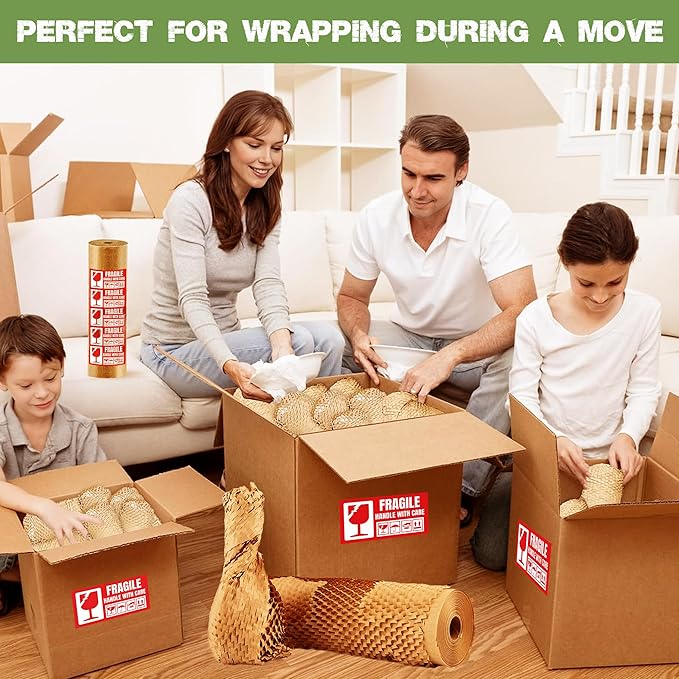 Honeycomb Packing Paper 15 Inch x 135 Feet with 30 Fragile Stickers – Eco-Friendly Honeycomb Wrap for Packing Fragile Items – Recyclable Protective Wrapping Roll for Moving, Shipping, & Storage
