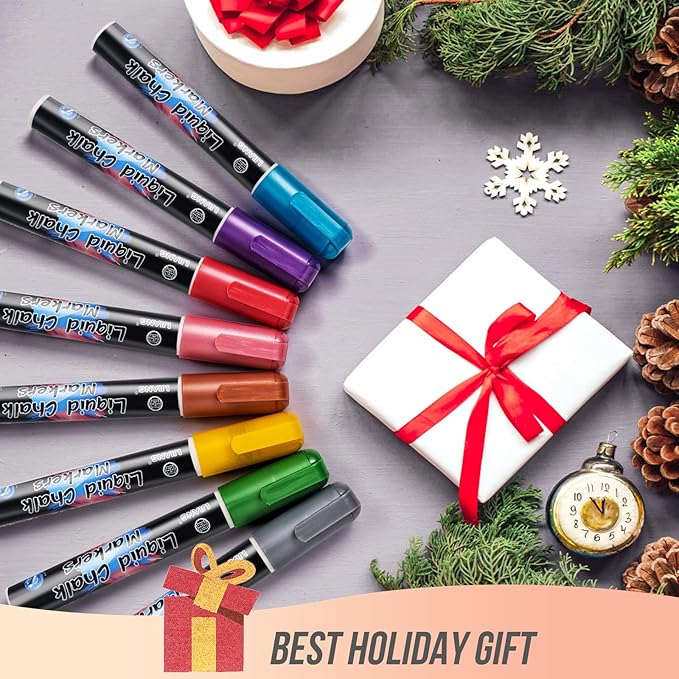 Metallic Chalk Markers Erasable for Chalkboard, Liquid Chalk Marker 8 Colors with 6mm Reversible Bullet & Chisel Tip, Dust Free Chalk Pens for Window, Blackboard, Whiteboard, Calendar, Mirror, Glass