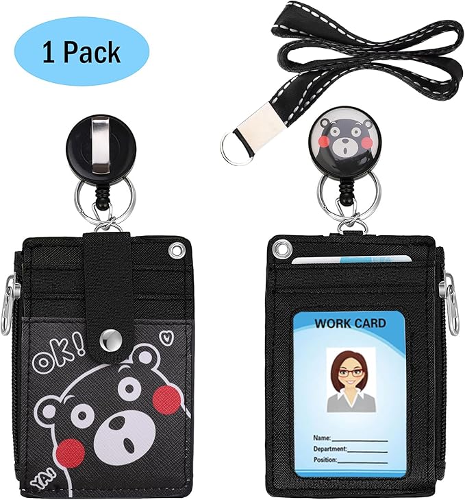 Cute ID Badge Holder Retractable Lanyard Reel Clip with Heavy Duty Carabiner, 5 Card Slots in 2 Sided with Key Ring and Zipper for Women Students Teens Girls Office Staff (Black OK Bear)