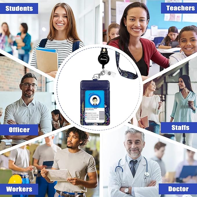 Floral Badge Holders, Vertical PU Leather ID Card Name Bdge Holder with Detachable Neck Lanyard Strap and Retractable Badge Reel Metal Clip Sturdy Buckle for Key Wallet (Wildflower)