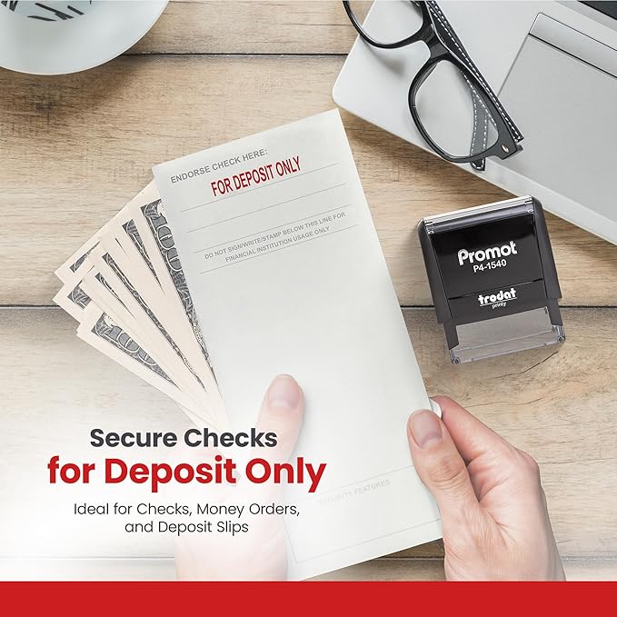 Promot for Deposit Only Self Inking Rubber Stamp - Refillable Office Stamps - Business, Bookkeeping, Ordering, Accounting, Work, Bank, Deposit Stamper - Red Ink