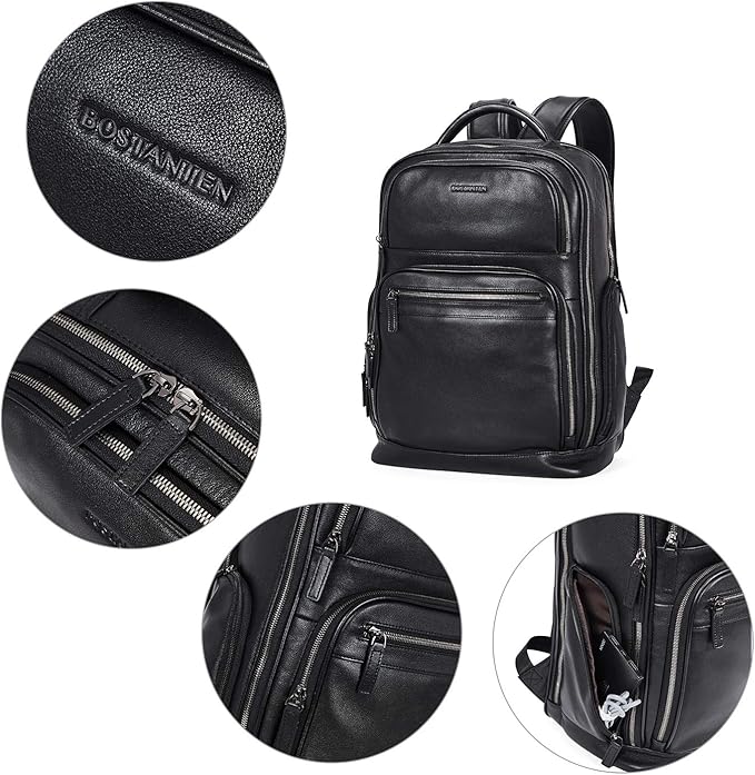 BOSTANTEN Leather Backpacks College 15.6” Laptop Travel Computer Shoulder Backpack For Men Black