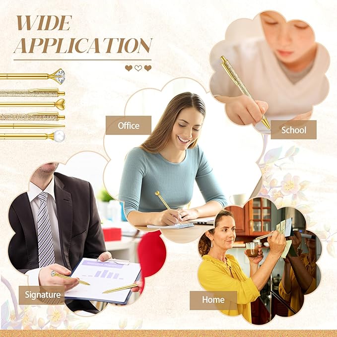 6 Pcs Ballpoint Pens Set Metal Crystal Diamond Pen for Journaling Glitter Pretty Cute Stationery Black Ink Fancy Gifts for Women Girls Teacher Office Wedding School Supplies(Gold)