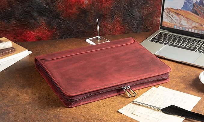 AZXCG Leather Portfolio Organizer, 3 Ring Binder Padfolio Folder, Resume Zippered Folio for A4/Letter Size Notepad, Business Binder Portfolio with Zipper for 13" Laptop, Gift for Women, Red