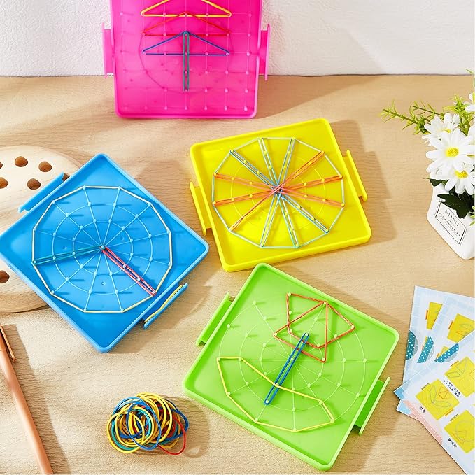 12 Pcs Double Sided Geoboard Mathematical Geoboards with Rubber Bands Math Manipulatives Toy for Geometry, 6.9 x 6.3 Inches