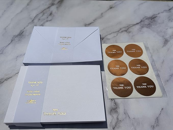 RUN2PRINT (36 Pack) Thank You Cards With Envelopes & Gift of 36 Foiled Stickers - Elegant Emboss Rose Gold Foil Pressed Blank Notes Wedding All Occasion Cards (White)