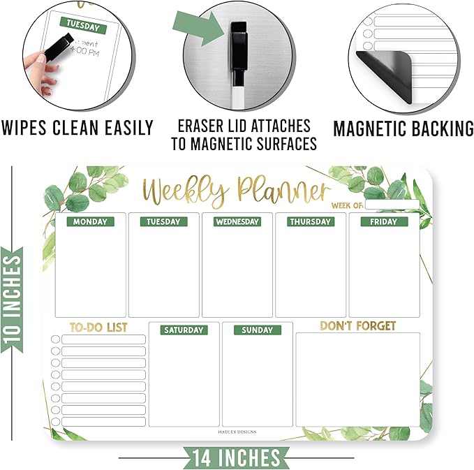 Greenery Magnetic Weekly Calendar for Fridge Whiteboard - Weekly Dry Erase Board for Fridge, Magnetic Weekly Planner for Fridge, Magnetic Whiteboard for Fridge, Schedule Board, White Board for Fridge