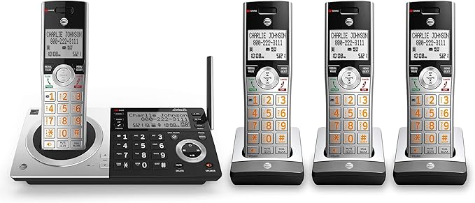 AT&T CL83407 DECT 6.0 4-Handset Cordless Phone for Home with Dual Keypad Base, Answering Machine, Call Blocking, Caller ID Announcer, Intercom and Long Range, Silver/Black