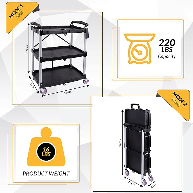 ELEVON Portable Folding Collapsible Service Cart Foldable Service Cart 3 Tier Collapsible Push Cart Folding Utility Carts with Wheels for Office Warehouse Home, Black