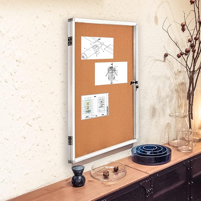 BIBOC Enclosed Cork Bulletin Board Display Cases Tamperproof Notice Poster Memo Board with Aluminum Frame,36x24 inches (Cork)