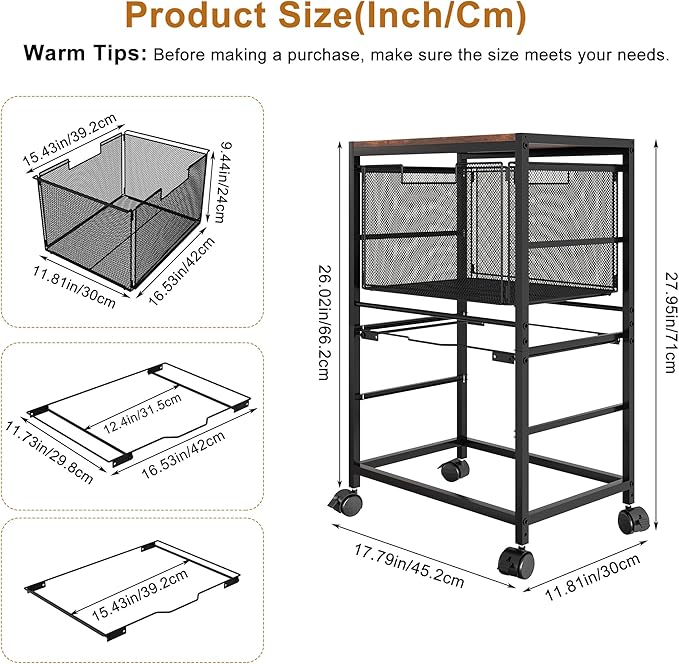 EasyPAG Rolling File Cart with Wheels Letter and Legal Size Hanging File Folder Rack Mobile File Folder Rack with Pull-Out Drawer for Home Office 1 Folder Rack and 1 Drawer, Black
