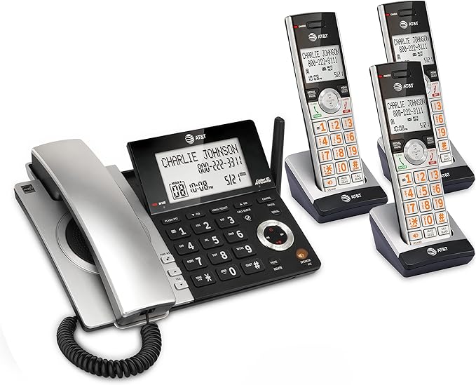 AT&T CL84307 Dect 6.0 Expandable Corded/Cordless Phone with Smart Call Blocker, Silver/Black with 3 Handsets
