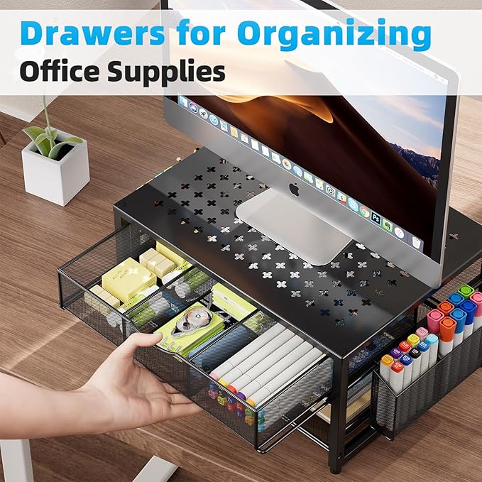 Marbrasse Metal Printer Stand for Desk with Storage Drawer and 2 Pen Holders, 2-Tier Desktop Organizer Printer Table for Home Office, Multi-Purpose Desk Organizer for Fax Machine Scanner Files(Black)