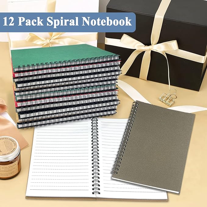 GINMLYDA 12Pack Small Spiral Notebook A5, 8.25x5.5” 120 Lined Pages Wide Ruled Spiral Journal Bulk Blank Kraft Cover Spiral Bound Notebook & Writing Pads for Home Office Meeting Work Note Taking