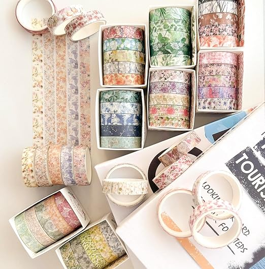 YUBX Flowers Washi Tape Set 30 Rolls Floral Patterns Decorative Skinny Slim Masking Tapes for Arts, DIY Crafts, Journals, Planners, Scrapbook, Wrapping (Blossoms Flourish)