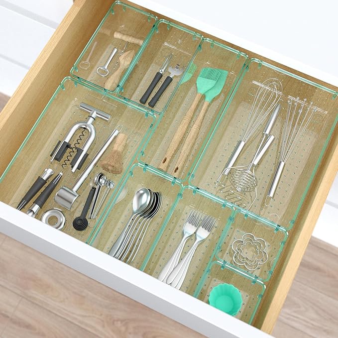 23 PCS Clear Plastic Drawer Organizers Set, 4 Size Desk Drawer Organizer Trays for Makeup, Jewelry, Kitchen Utensils, Gadgets and Office Accessories, Sea Blue