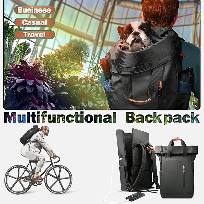 Roll-Top Laptop Backpack for 15.6" Laptop, 28L Capacity with USB Port, Expandable & Waterproof, Urban Style for Men & Women, Ideal for Work, University, Travel, and Shopping (Black)