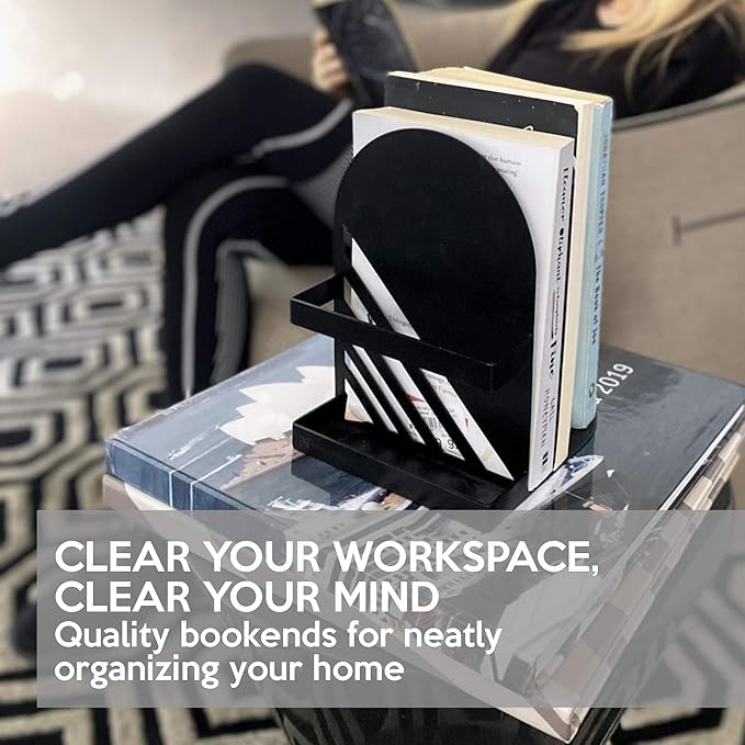 Iron Arch Modern and Decorative Bookends for Heavy Books, 200% Stronger & Heavier Than The Average Bookends, Large Bookends with Matching Bonus Storage Cup (Carbon Black)