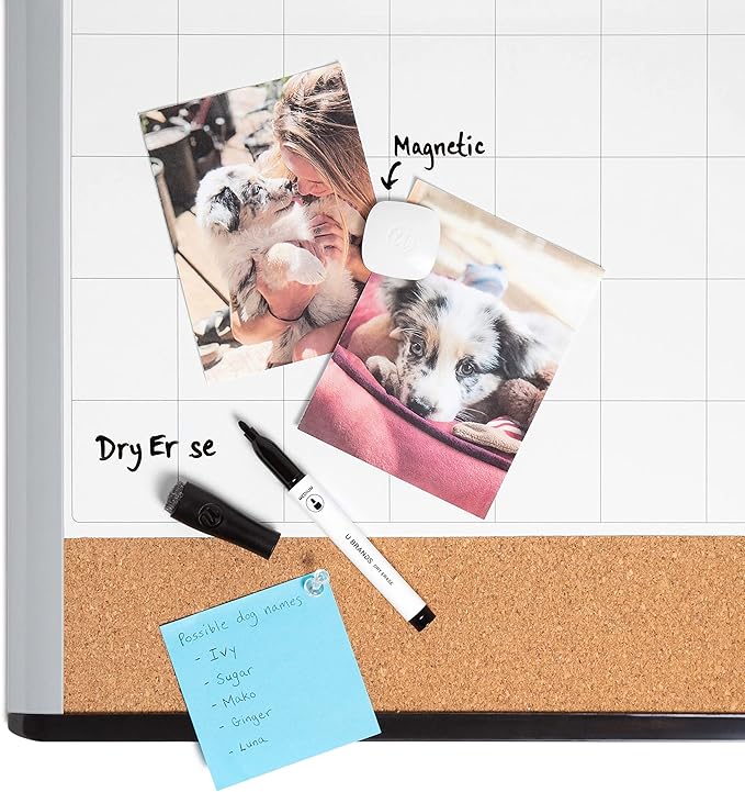 U Brands 3-in-1 Magnetic Dry Erase Calendar Board, Black and Gray Frame, Magnet and Marker Included, 16" x 20" (6712U00-01)