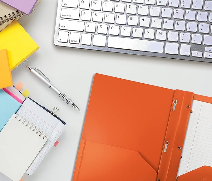 Better Office Products Orange Plastic 2 Pocket Folders with Prongs, Heavyweight, Letter Size Poly Folders, 24 Pack, with 3 Metal Prongs Fastener Clips, Orange