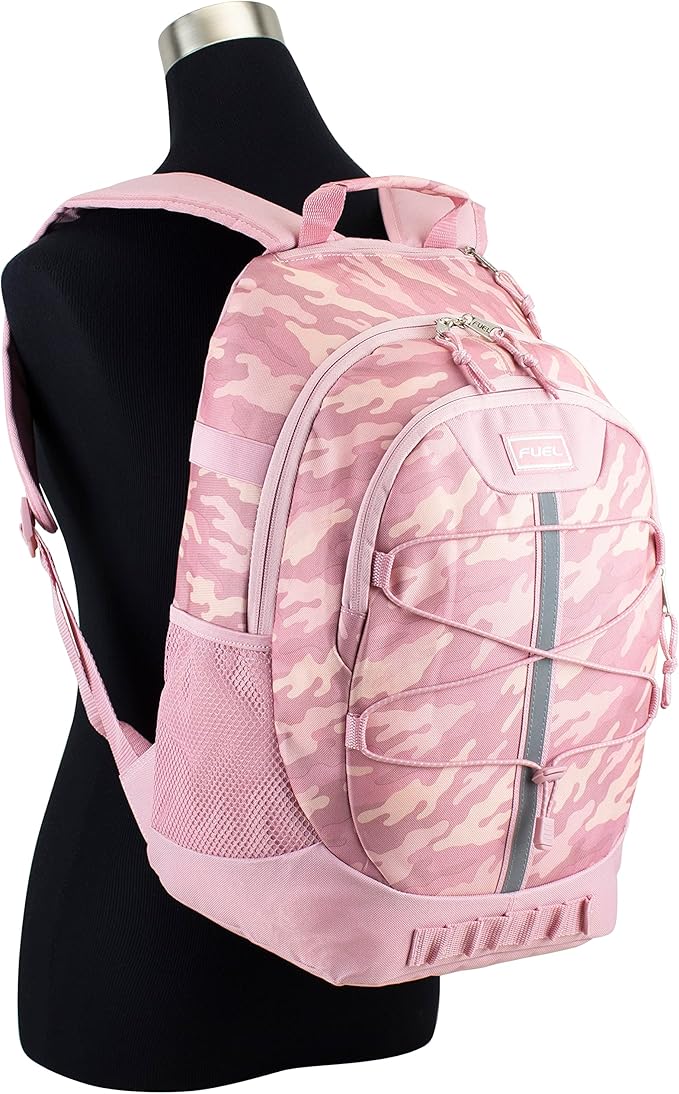 FUEL Hiking Backpack for Women Men Terra Sport, Travel, College, Gym, Work with Laptop Sleeve, Bungee, 18 Inches, Pink Camouflage